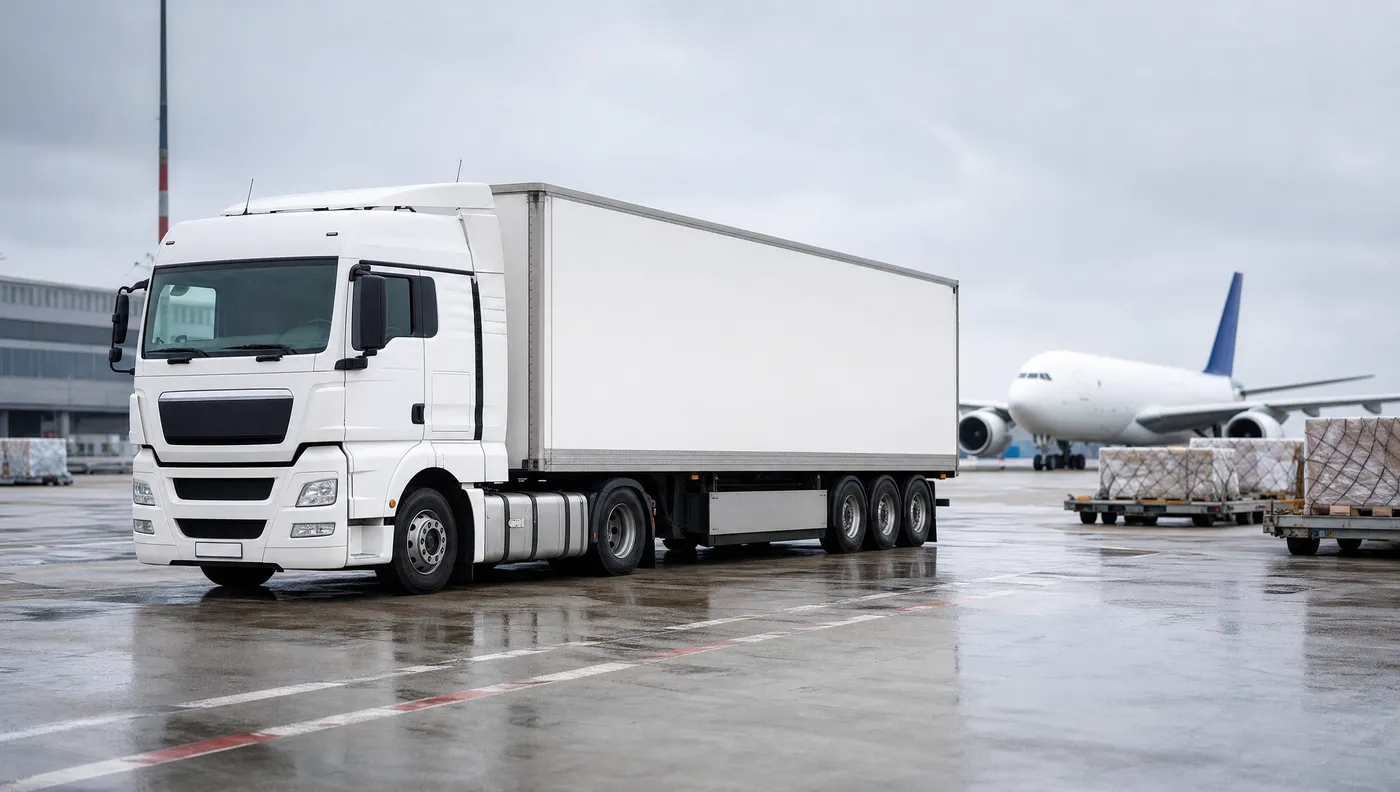 Vrachtwagen bij een luchtvrachtterminal — nationaal transport vanaf de luchthaven