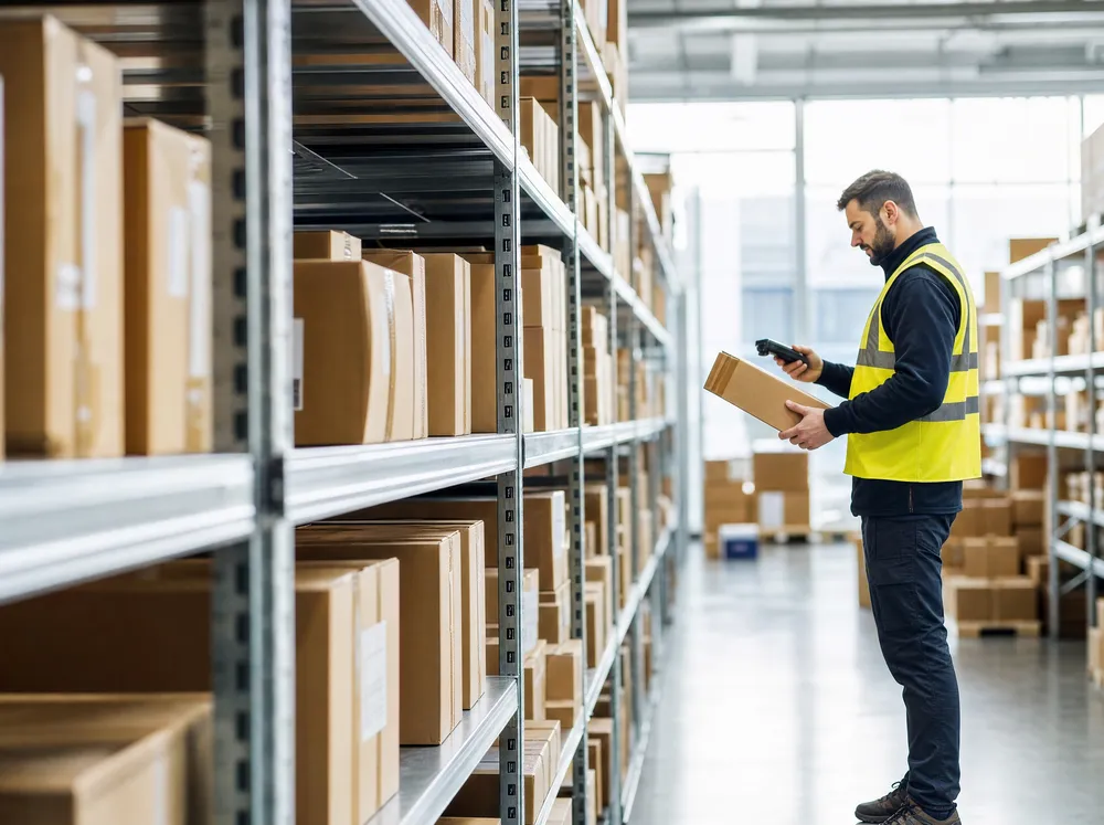 Medewerker scant een pakket in een fulfilmentmagazijn