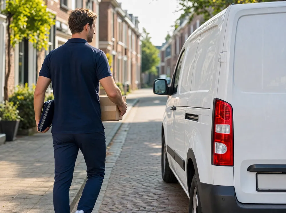 Koerier met een pakket op weg naar de bestelwagen