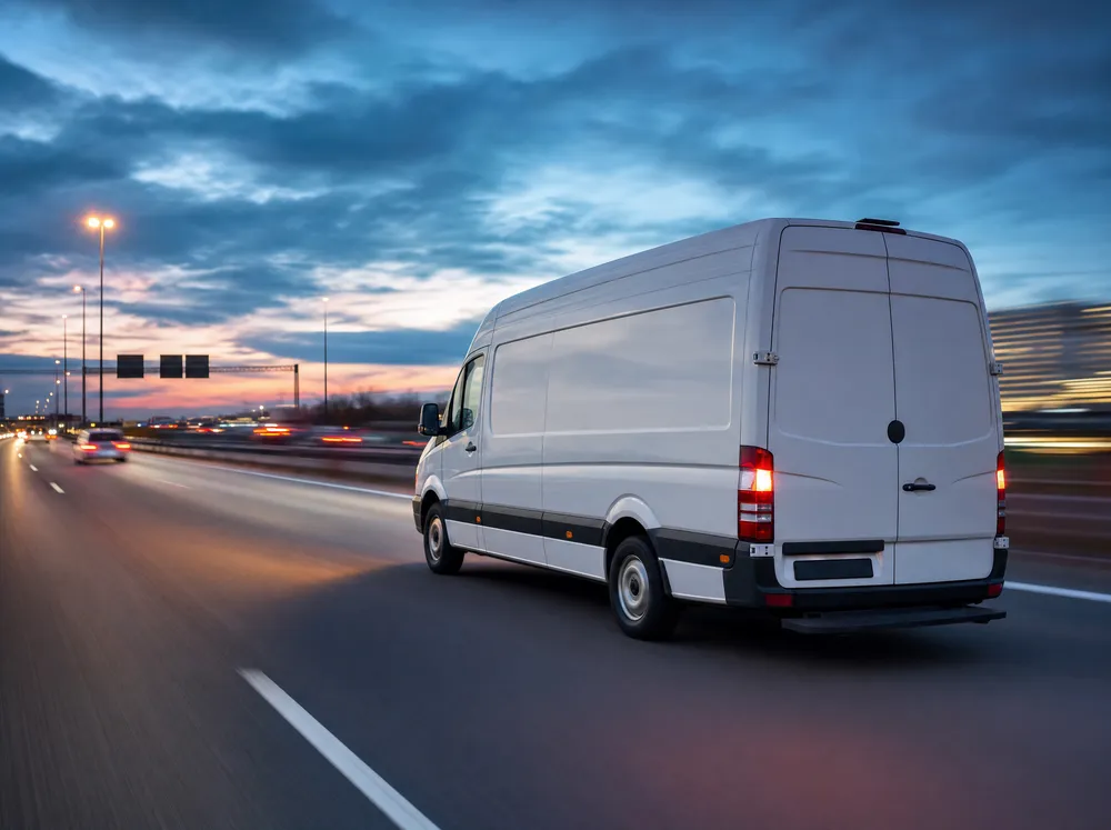 Bestelwagen onderweg op de snelweg in de schemering