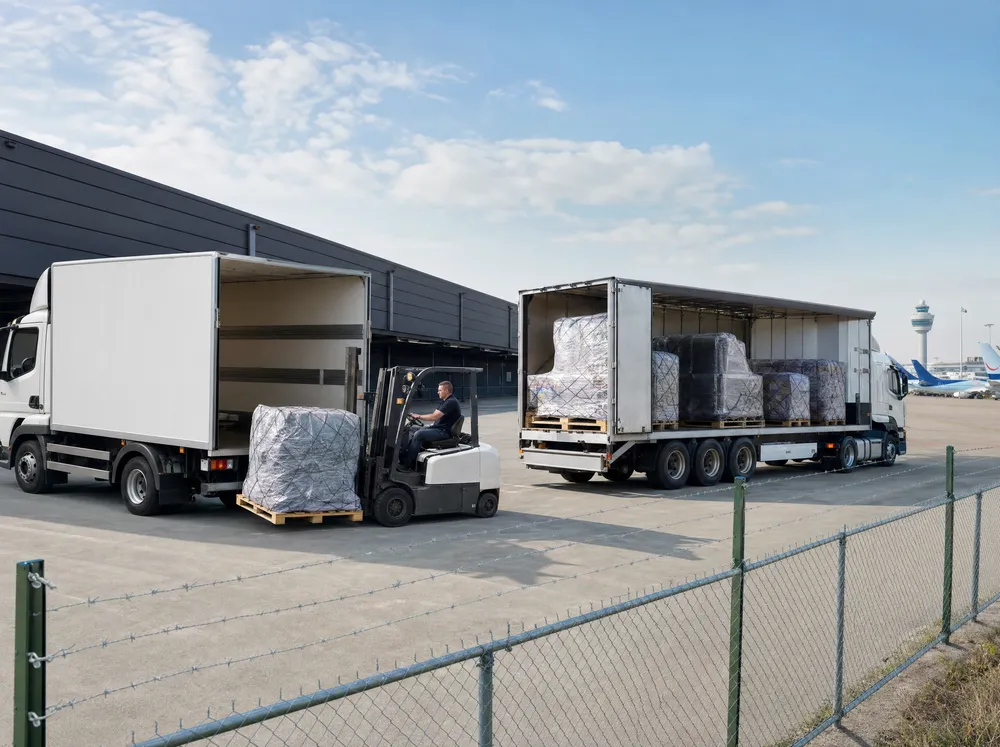 Vrachtwagens worden geladen met luchtvrachtpallets