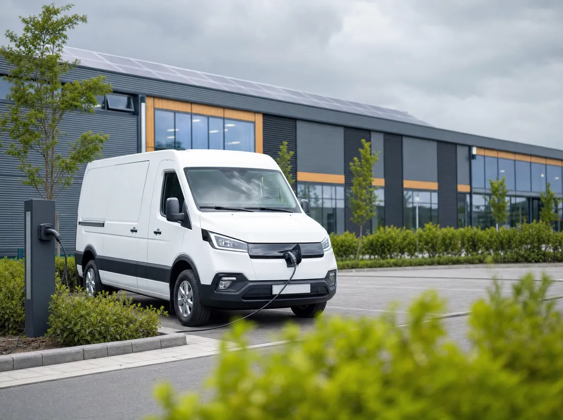 Elektrische bestelwagen aan de laadpaal bij een distributiecentrum